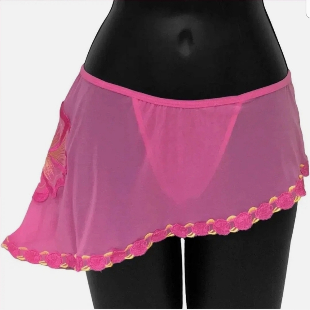 Fairycore Kawaii Asymmetrical Y2K Whimsy Floral Rave Sheer Thong Mini Skirt L Lg